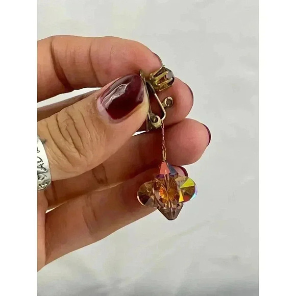 VTG Crystal Dangle Iridescent Clip on Earrings Bronze - Picture 10 of 13